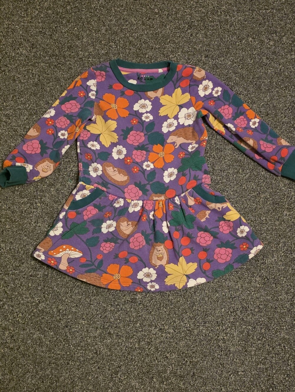 Mini Boden Purple Floral & Hedgehog Long-Sleeve Dress